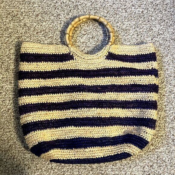J. McLaughlin Straw Tote Bag Bamboo Handles Striped Beach Bag Lined Sea Grass - Picture 2 of 10